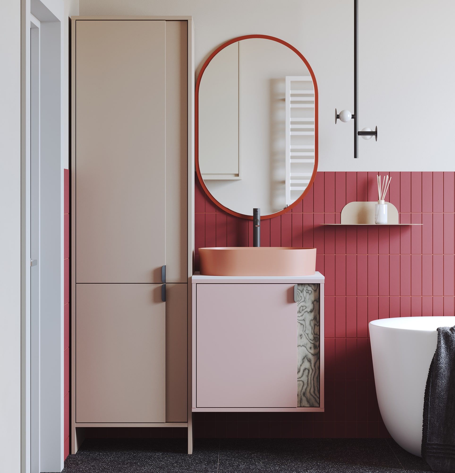 OMNIRES Wand-Waschtischschrank LAYERS LAY62
Farbe: Altrosa
Zweite Schicht Frontfarbe: Sottsass Grau Furnier
Griff: LAYERS 110 Schwarzer Onyx
Waschbecken: OVO M+ Koralle OMNIRES
Wasserhahn: Tall Y Schwarz OMNIRES
Arbeitsplatte: White Crystal Sp