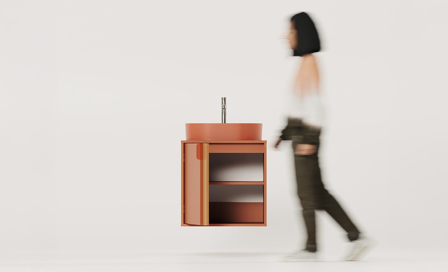 OMNIRES LAYERS Wand-Waschtischschrank LAY62
Farbe: Fiery Terracotta
Zweite Schicht Frontfarbe: Sahara Deep
Griff: LAYERS 110 Feuer Terracotta
Waschbecken: OVO M+ Terracotta OMNIRES
Wasserhahn: Tall Y Nickel OMNIRES
                      