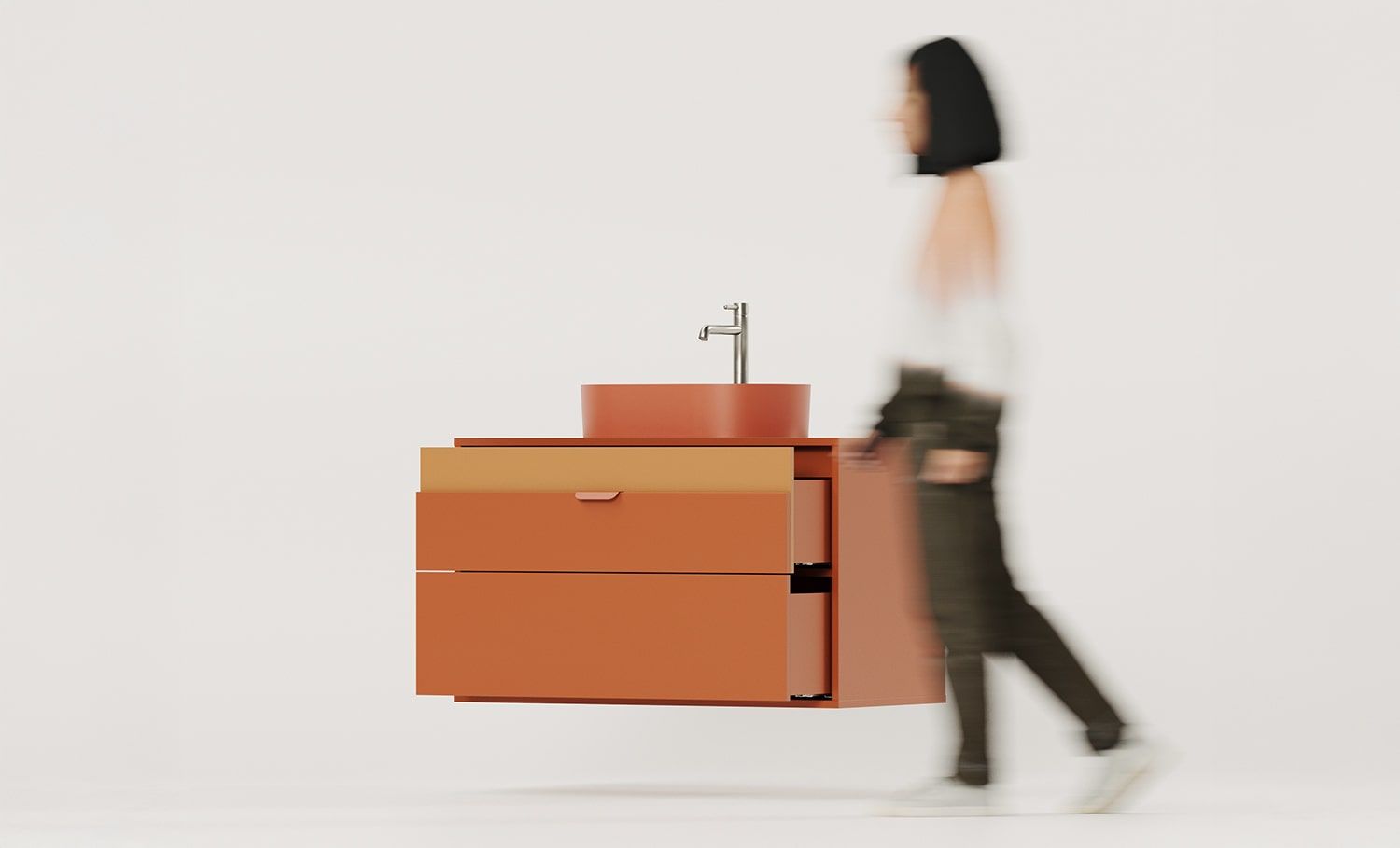OMNIRES Wand-Waschtischschrank mit Schubladen LAYERS LAY63
Farbe: Fiery Terracotta
Zweite Schicht Frontfarbe: Sahara Deep
Griff: LAYERS 110 Feuer-Terrakotta
Waschtisch: OVO M+ Terracotta OMNIRES
Wasserhahn: Tall Y Nickel OMNIRES
         