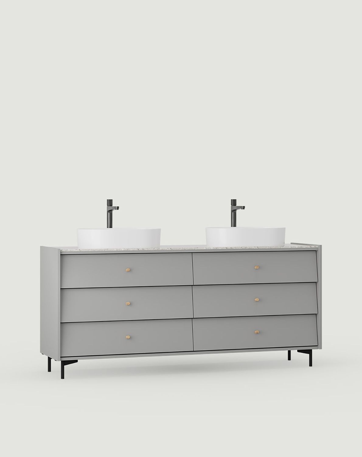 SKRA SKR69 Doppel-Waschtischschrank
Farbe: Moon Dust
Bein: Schwarz
Griff: Eichenholzknauf
Waschbecken: OVO M+ Weiß Matt OMNIRES
Wasserhahn: Tall Y Schwarz OMNIRES
Sinter: Graue Lastryko Sintermatte 12mm
                            