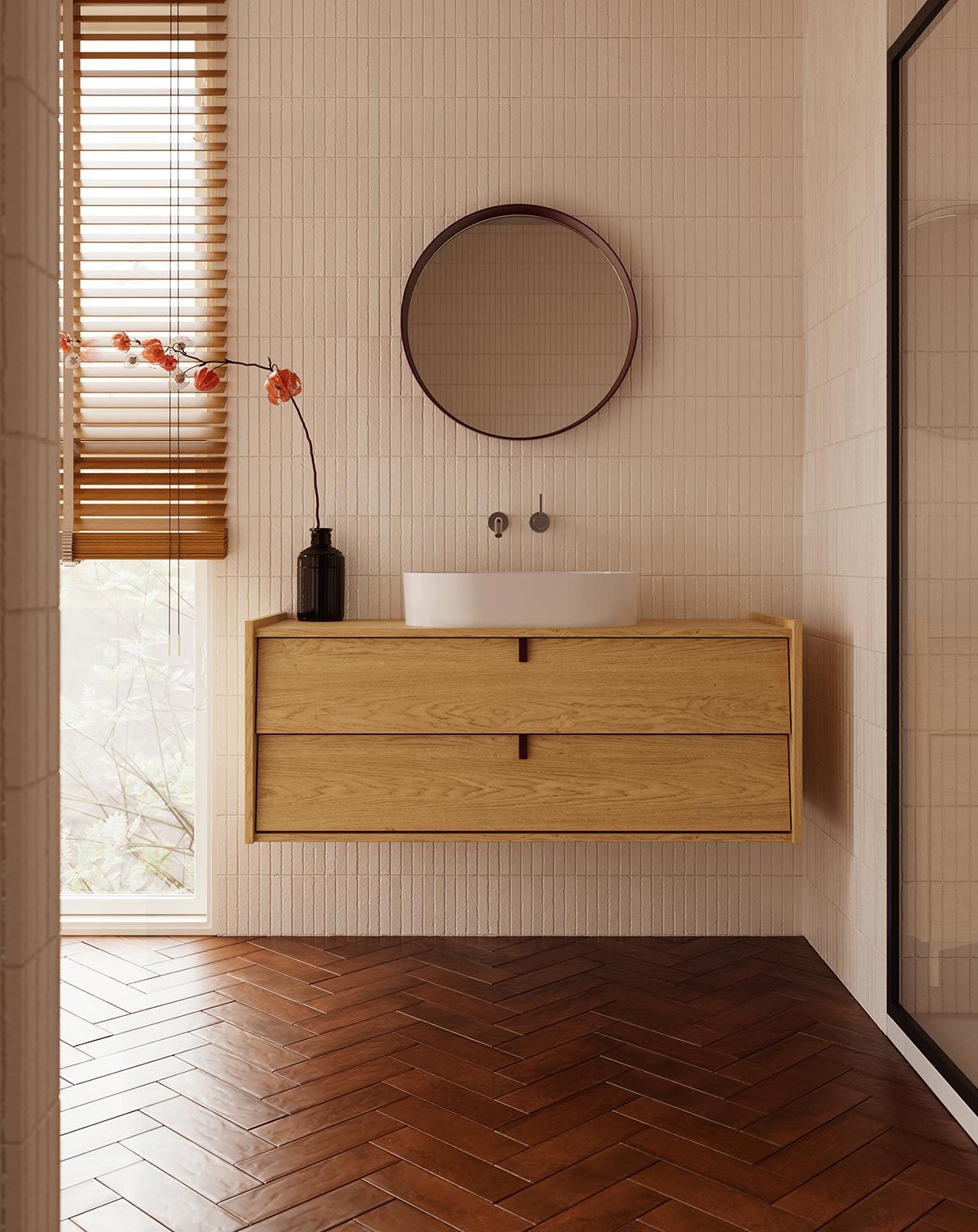 Schrank mit Waschbecken OMNIRES SKRA SKR64
Farbe: Baltische Eiche
Griff: Wedge Schwarz
Waschtisch: OVO M+ Weiß
                            