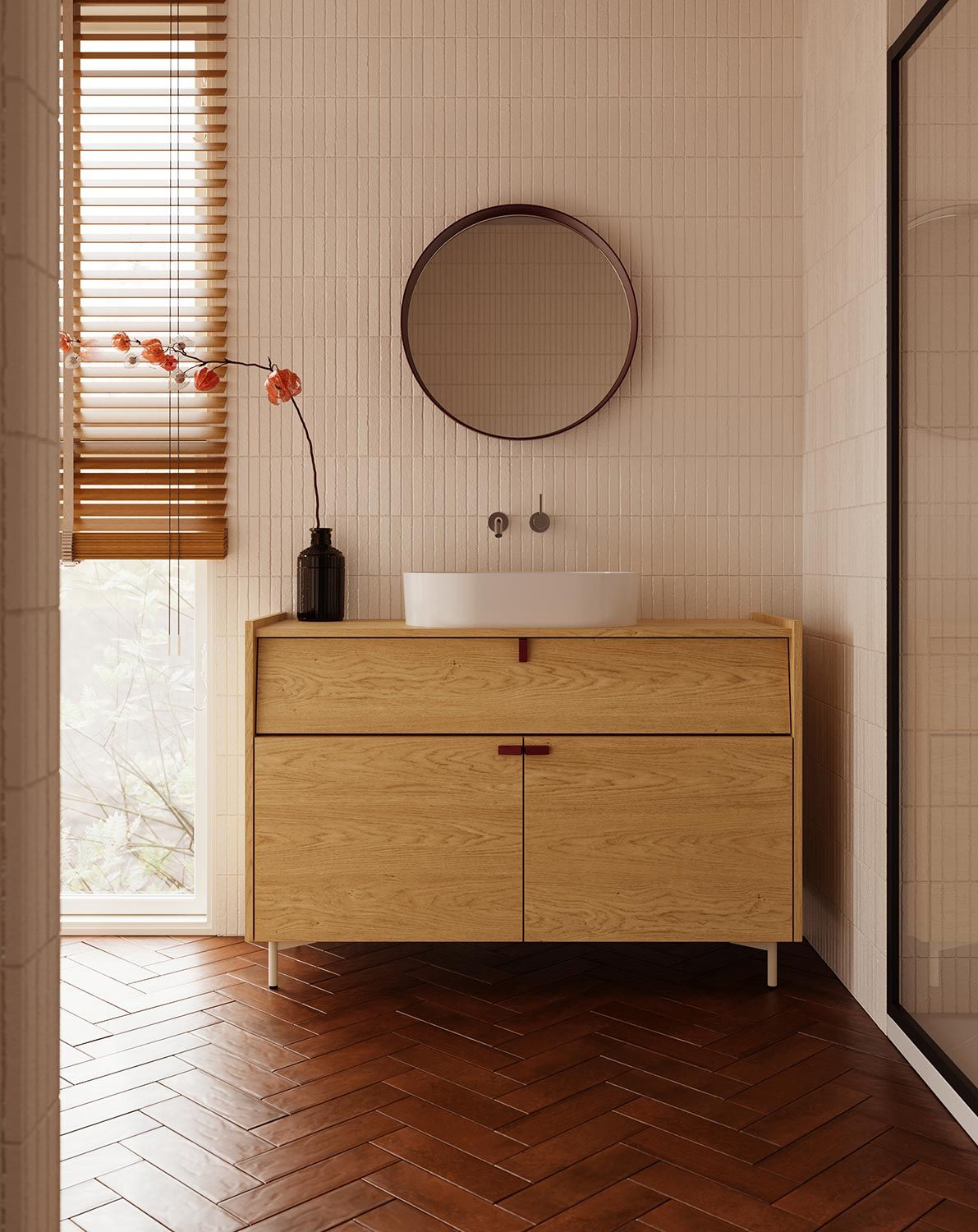 Schrank mit Waschbecken OMNIRES SKRA SKR67
Farbe: Baltische Eiche
Griff: Burgundy Wedge
Bein: Milky Way
Waschtisch: OVO M+ Weiß
