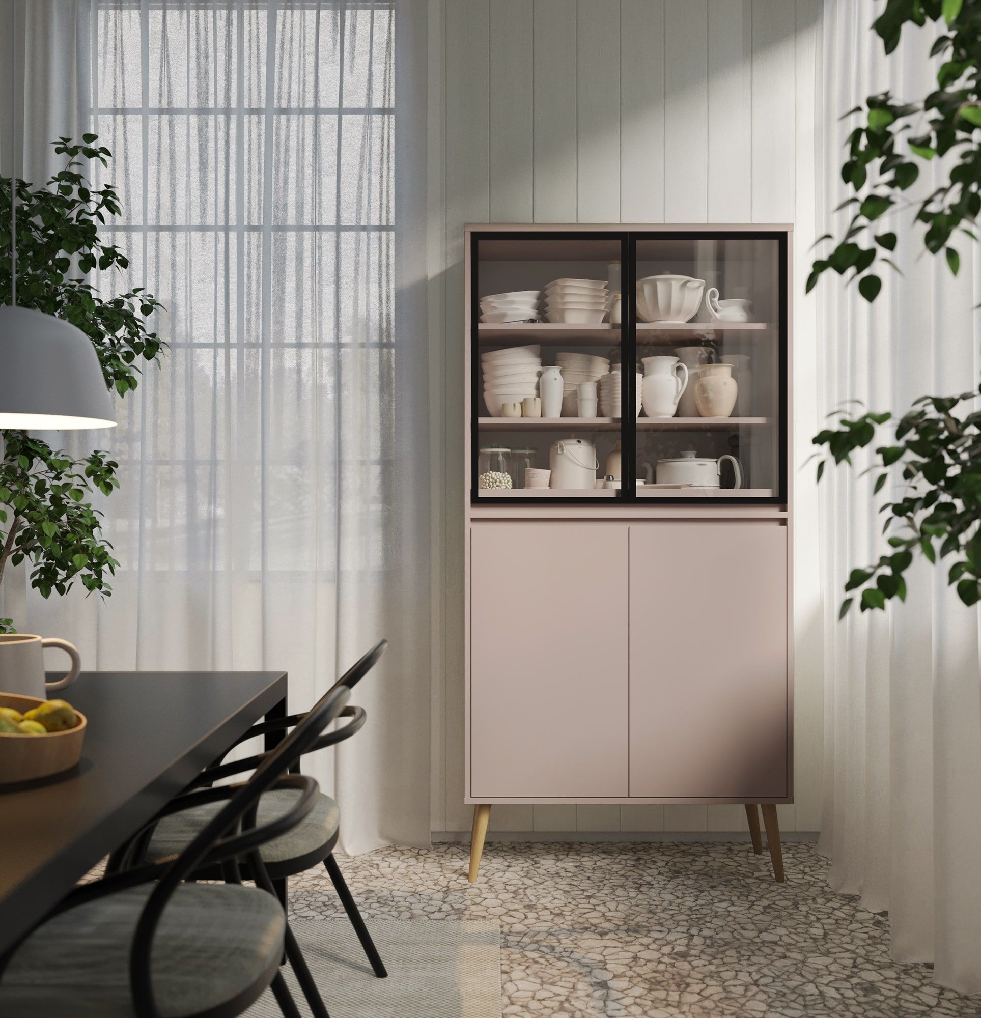 FENRIS WF1 Schrank
Farbe: Antique Rose
Bein: Buche gebeizt Zylinder
Glasart: Glattes Glas