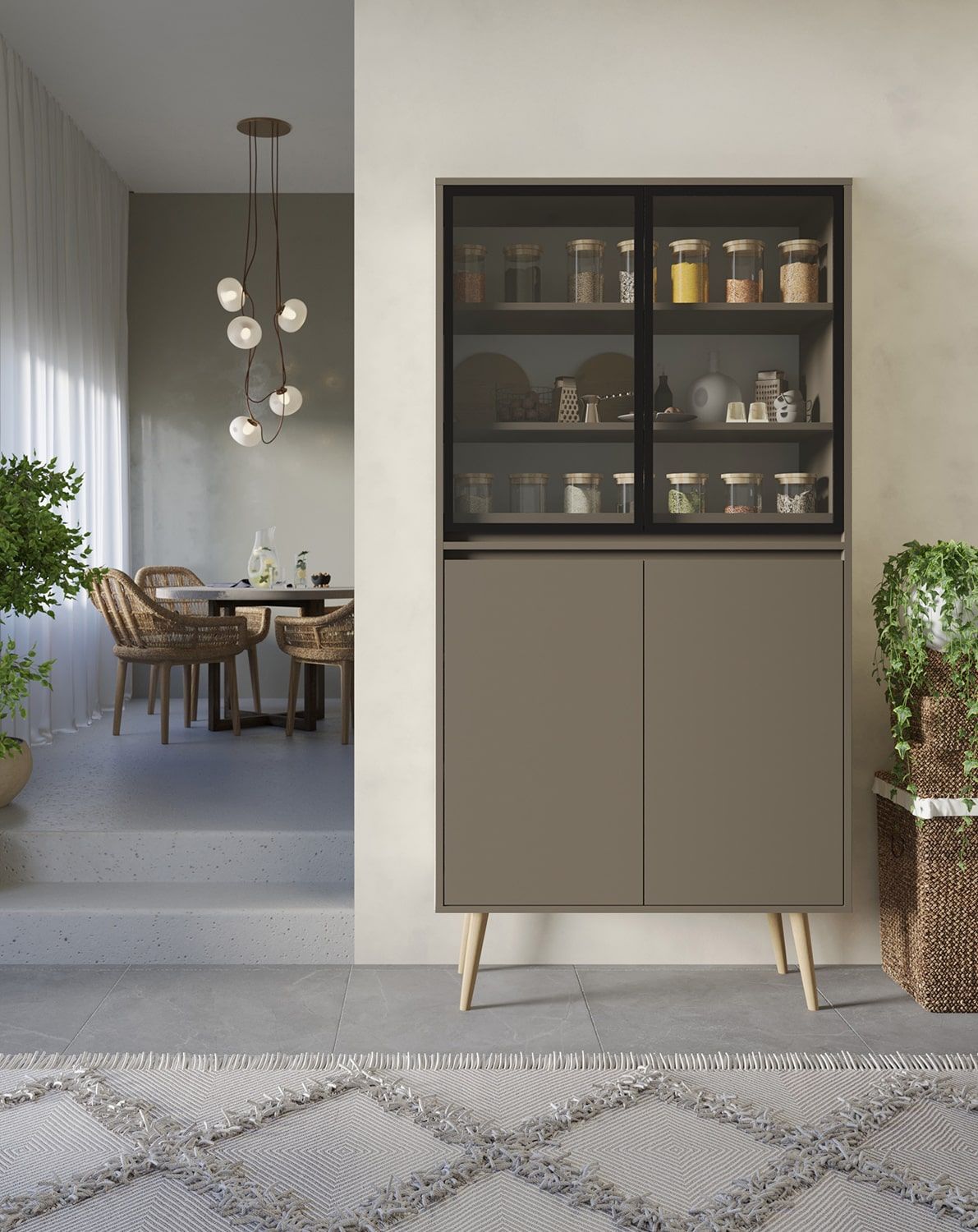 FENRIS WF1 Schrank
Farbe: Kaffeebraun
Bein: Walze Eiche geölt
Glasart: Glattes Glas