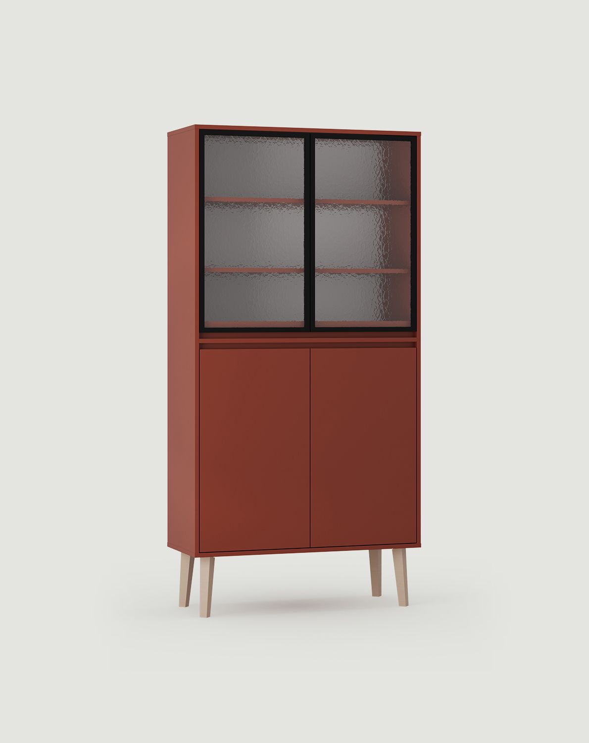 FENRIS WF1 Vitrine
Farbe: Feuriges Terrakotta
Beine: Trapezförmig Buche beige
Glasart: Flumen Ornamentglas
                            