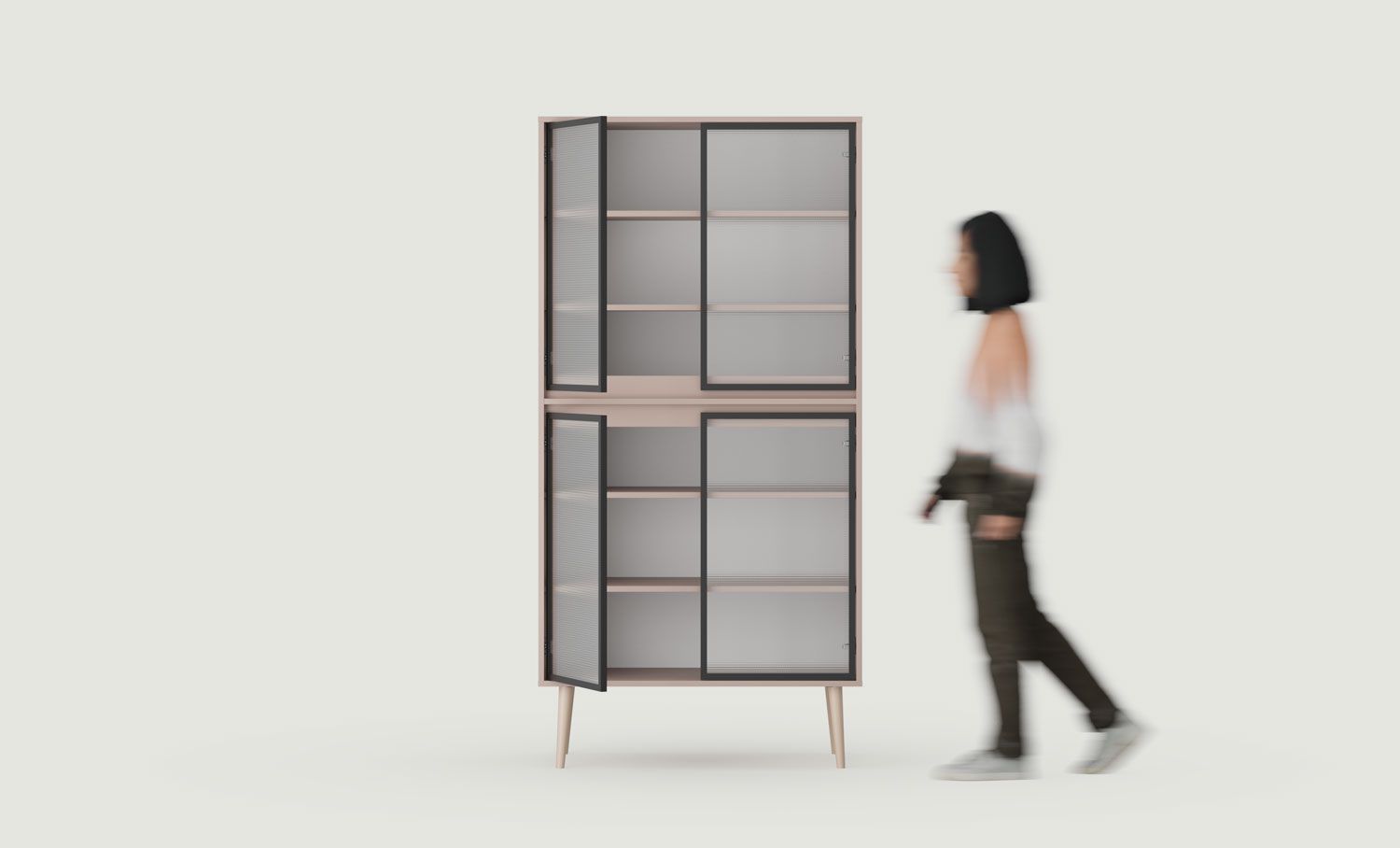 FENRIS WF2 Schrank
Farbe: Antique Rose
Bein: Buche Beige Rolle
Glasart: Ornamentalglas mons