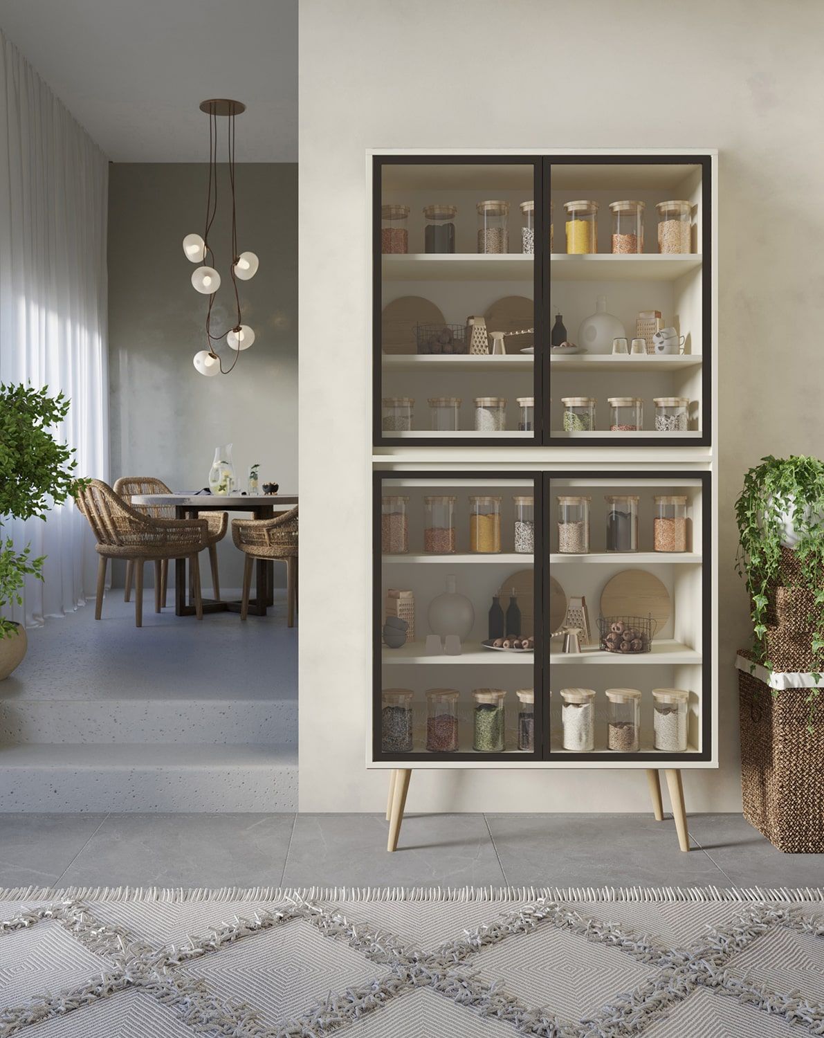 FENRIS WF2 Vitrine
Farbe: Milky Way
Bein: Walze Eiche geölt
Glasart: Glattes Glas