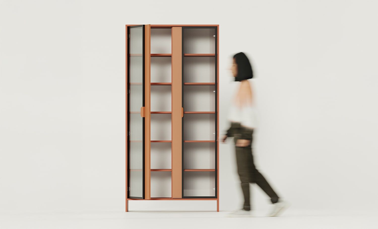LAYERS LAY45 Schrank
Farbe: Feuriges Terrakotta
Farbe der zweiten Schicht der Front: Sahara Deep
Griff: LAYERS 110 Feuer-Terracotta-Griff
Glasart: Geriffeltes Ornamentglas