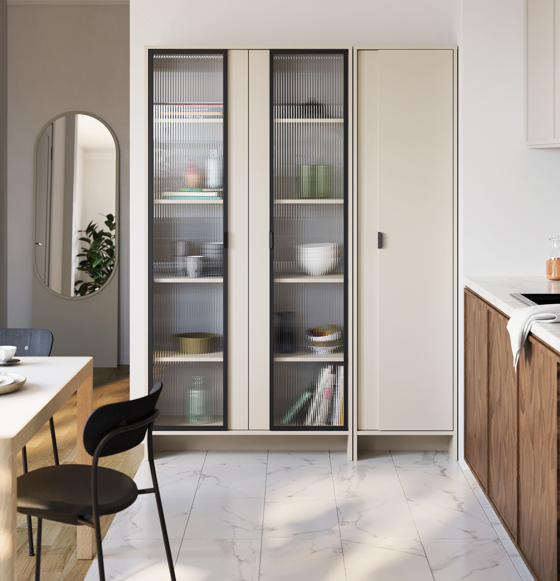 LAYERS LAY45 Schrank
Farbe: Champagnerbeige
Zweite Schicht Frontfarbe: Champagne Beige
Griff: LAYERS 110 Griff Black Onyx
Glasart: Geriffeltes Ornamentglas