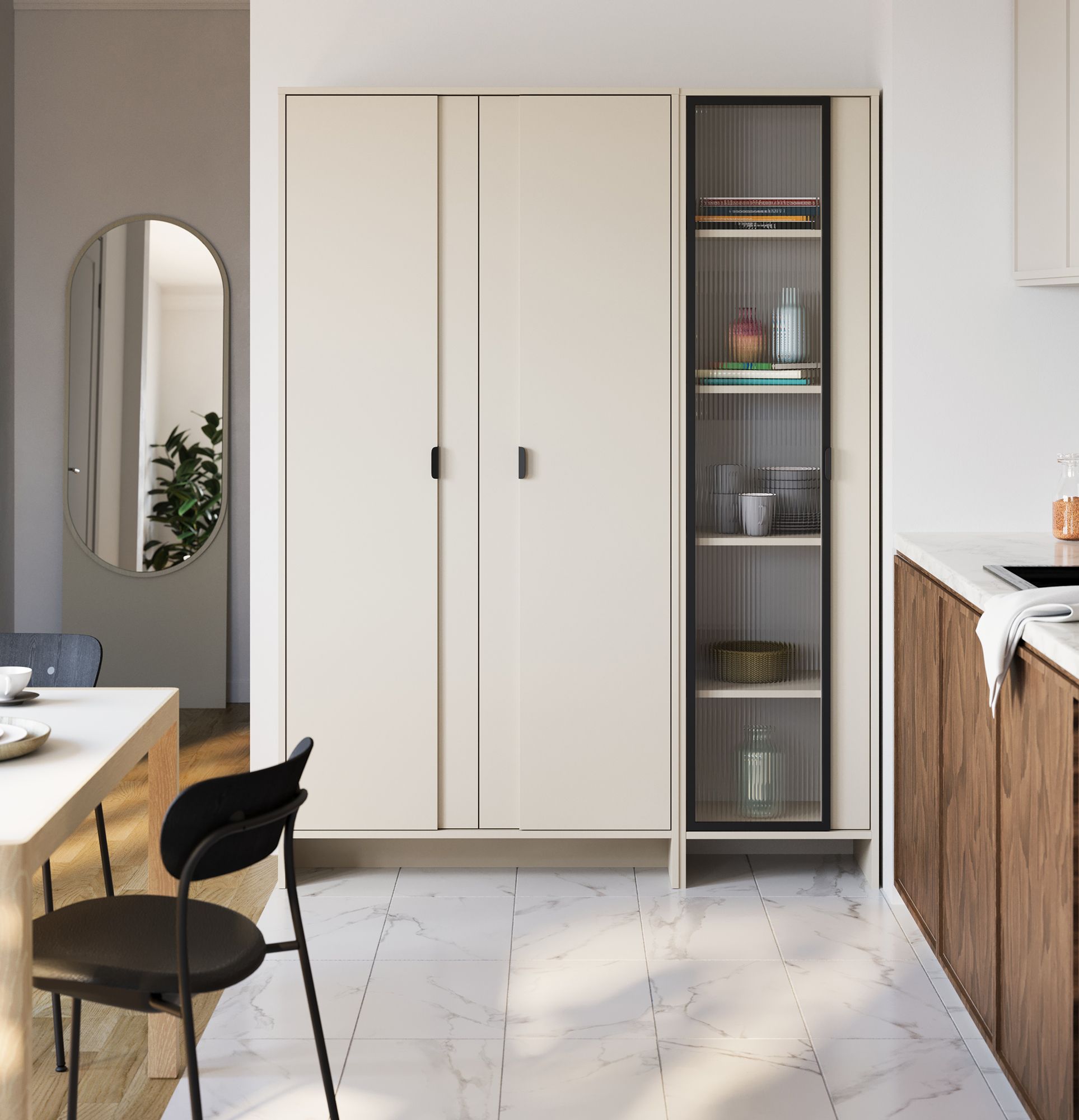 LAYERS LAY46 Schrank
Farbe: Champagnerbeige
Zweite Schicht Frontfarbe: Champagne Beige
Griff: LAYERS 110 Griff Black Onyx
Glasart: Geriffeltes Ornamentglas