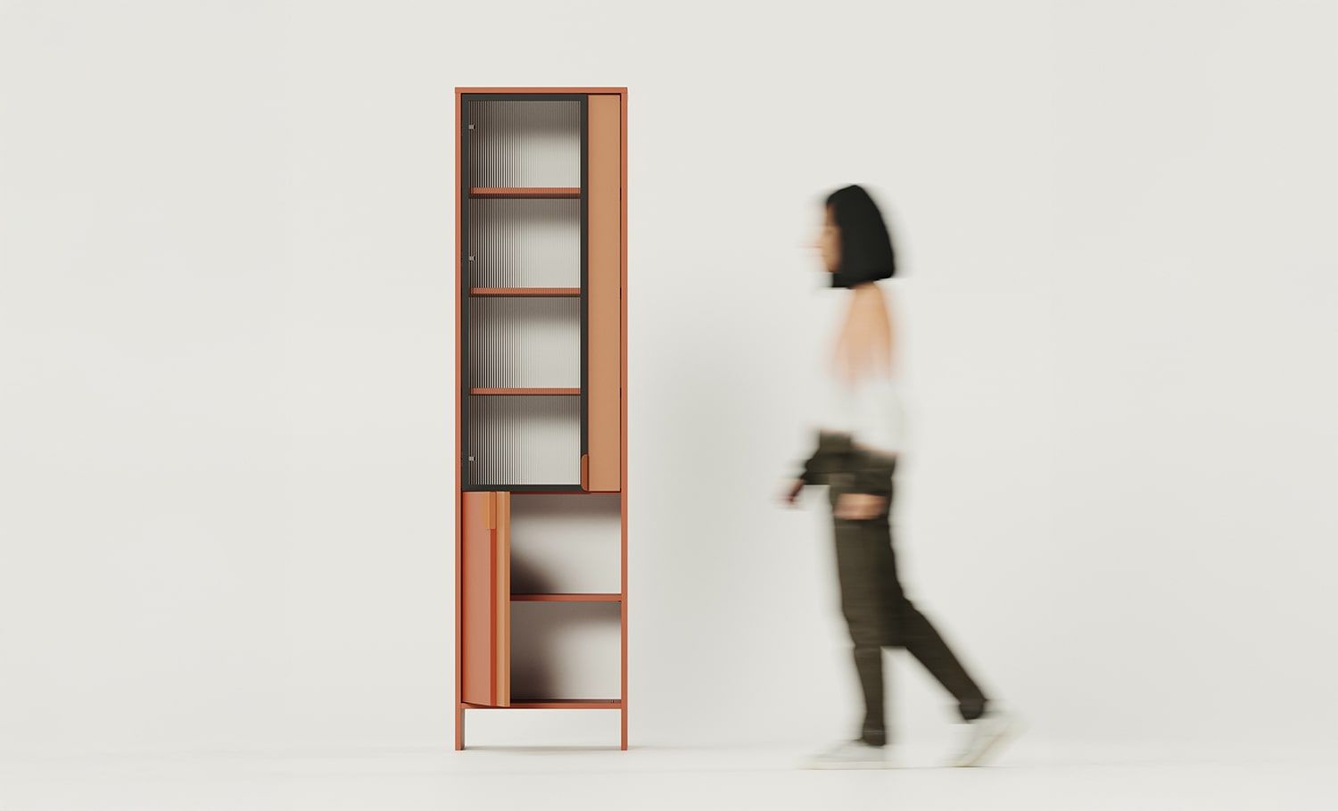 LAYERS Vitrine LAY48
Farbe: Fiery Terracotta
Farbe der zweiten Schicht der Front: Sahara Deep
Griff: LAYERS 110 Feuer-Terracotta-Griff
Glasart: Geriffeltes Ornamentglas