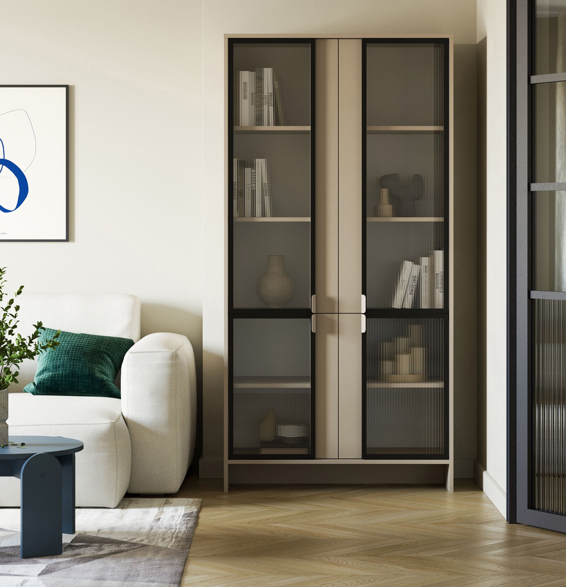 LAYERS Schrank LAY49
Farbe: Cappuccino
Zweite Schicht Frontfarbe: Cappuccino
Griff: LAYERS 110 Cappuccino
Glasart: Geriffeltes Ornamentglas