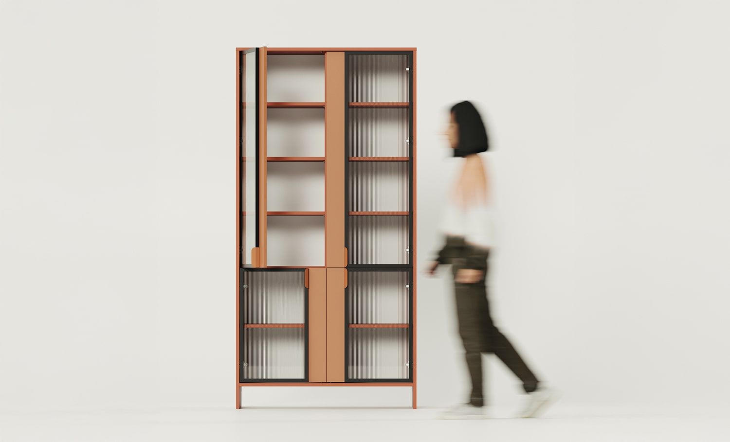 LAYERS Vitrine LAY49
Farbe: Fiery Terracotta
Zweite Schicht Frontfarbe: Sahara Deep
Griff: LAYERS 110 Feuer-Terracotta-Griff
Glasart: Geriffeltes Ornamentglas