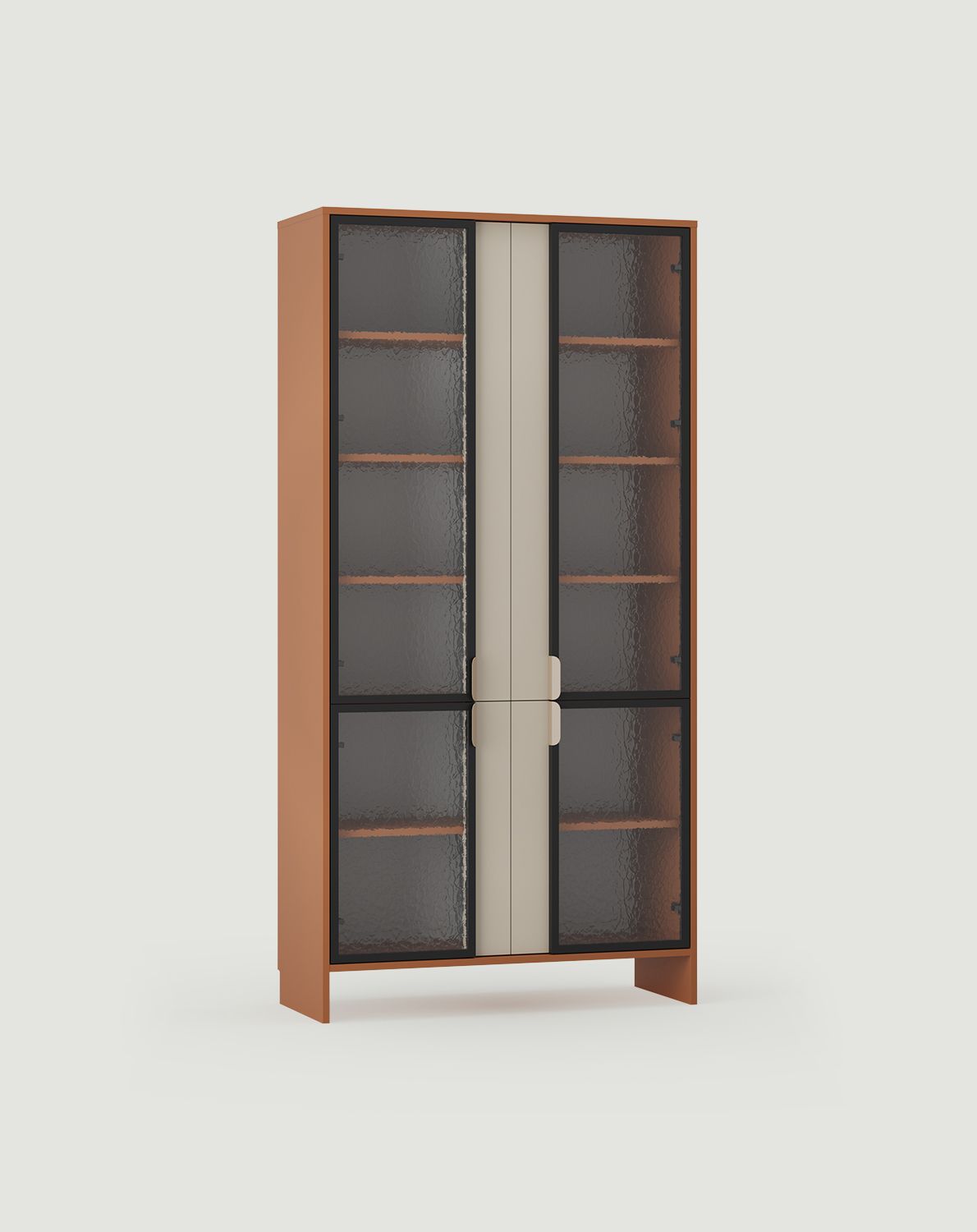 LAYERS Vitrine LAY49
Farbe: Sahara Deep
Farbe der Front der zweiten Ebene: Champagne Beige
Griff: LAYERS 110 Cappuccino Griff
Glasart: Flumen Ornamentglas