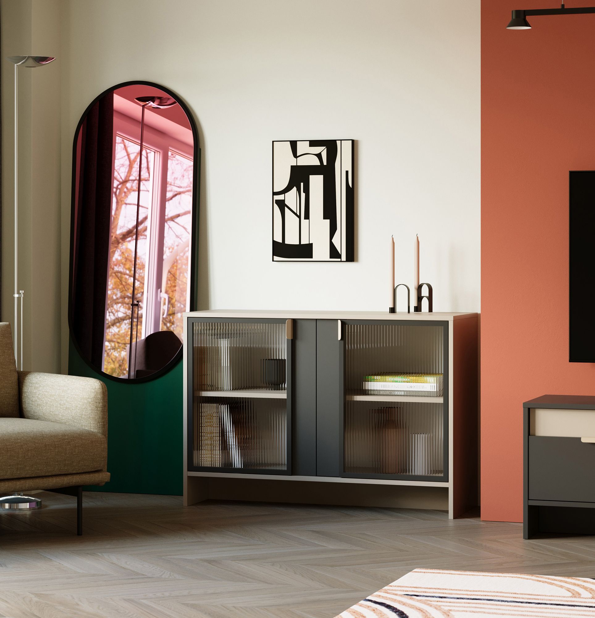 LAYERS niedrige Vitrine LAY51
Farbe: Cappuccino
Zweite Schicht Frontfarbe: Deep Basalt
Griff: LAYERS 110 Cappuccino Griff
Glasart: Geriffeltes Ornamentglas