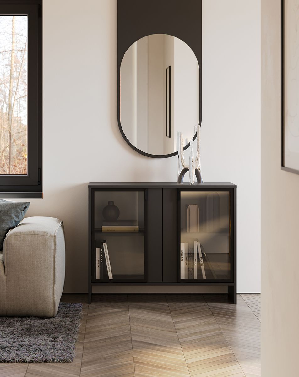 LAYERS niedrige Vitrine LAY51
Farbe: Deep Basalt
Farbe der Frontplatte: Deep Basalt
Griff: LAYERS 110 Deep Basalt Griff
Glasart: Glattes Glas