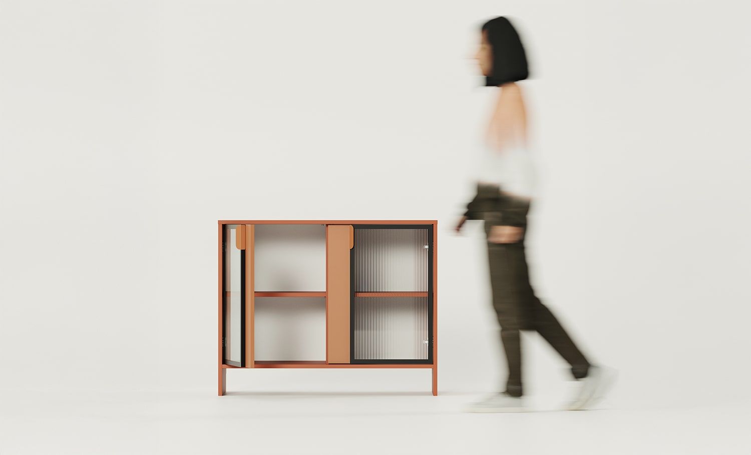 LAYERS Unterschrank LAY51
Farbe: Fiery Terracotta
Zweite Schicht Frontfarbe: Sahara Deep
Griff: LAYERS 110 Feuer-Terracotta-Griff
Glasart: Geriffeltes Ornamentglas