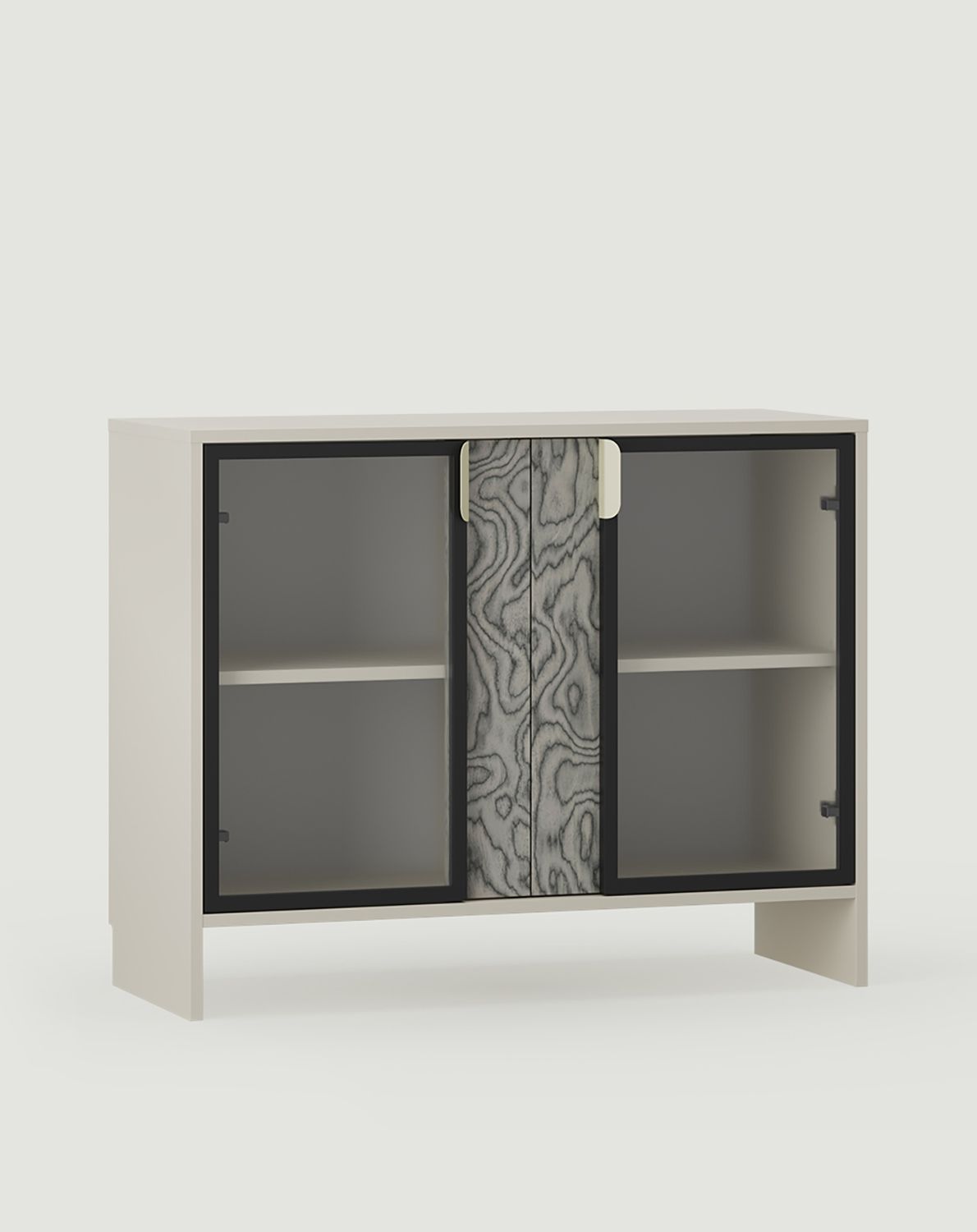 LAYERS niedrige Vitrine LAY51
Farbe: Milky Way
Farbe der zweiten Schicht der Front: Sottsass grau furniert
Griff: LAYERS 110 Milky Way
Glasart: Ornamentglas mons