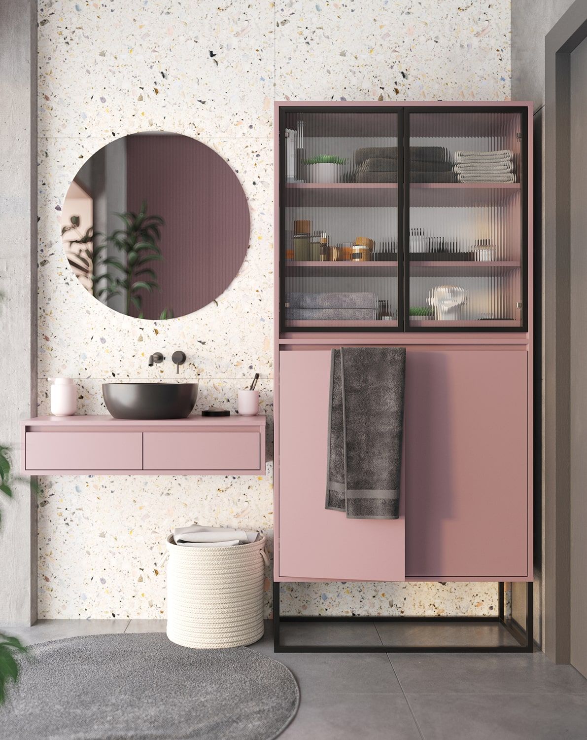 ODIS WO1 Schrank
Farbe: Antique Rose
Farbe der Beine: Stahl ODIS Schwarz
Glasart: Geriffeltes Ornamentglas