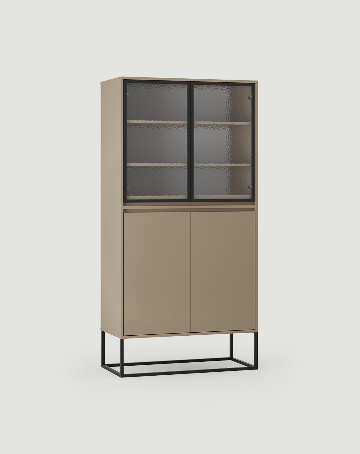 ODIS WO1 Schrank
Farbe: Cappuccino
Farbe der Beine: ODIS Stahl Schwarz
Glasart: Ornamentales Nubes Glas