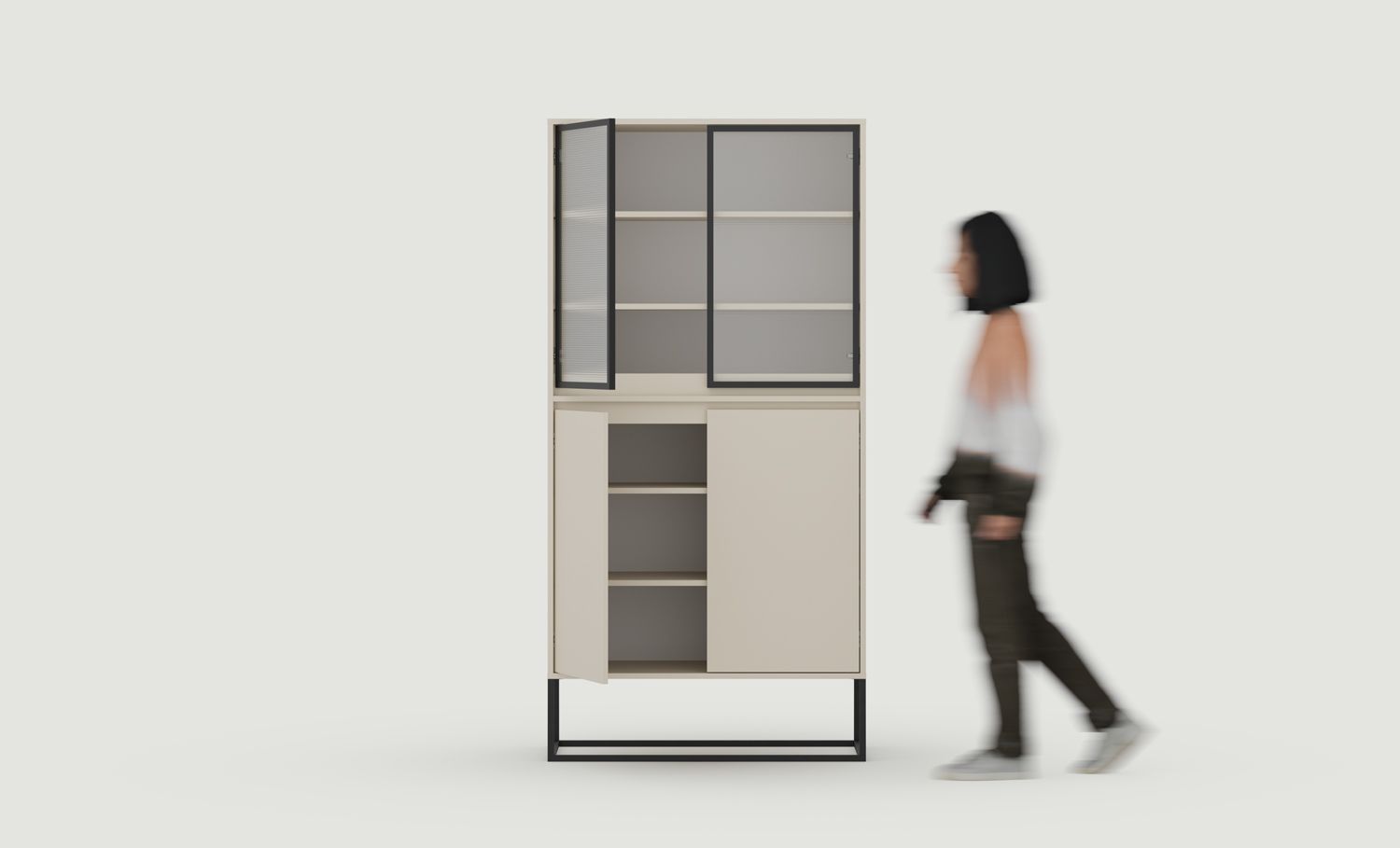 ODIS WO1 Schrank
Farbe: Champagner Beige
Farbe der Beine: Stahl ODIS Schwarz
Glasart: Ornamentales Mons-Glas