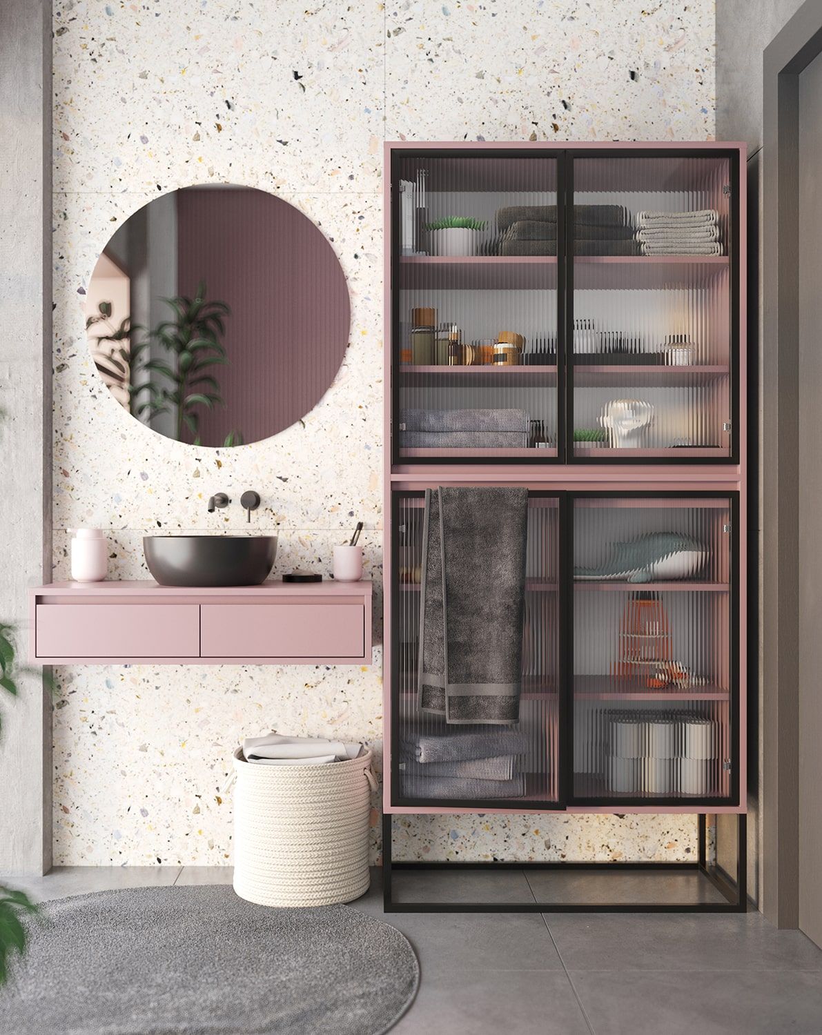 ODIS WO2 Schrank
Farbe: Antik Rose
Farbe der Beine: Stahl ODIS Schwarz
Glasart: Geriffeltes Ornamentglas