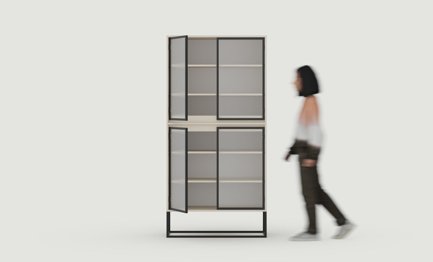 ODIS WO2 Schrank
Farbe: Champagner Beige
Farbe der Beine: Stahl ODIS Schwarz
Glasart: Ornamentales Mons-Glas