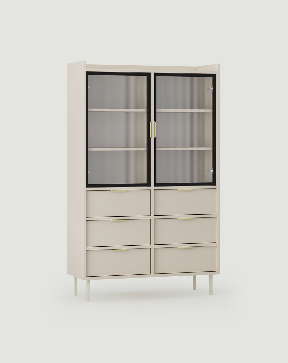 SIGI niedriger Schrank WSN3
Farbe: Wrapping Cashmere
Glas: Geriffeltes Ornamentglas
Bein: Milky Way
Griff: LING Goldgriff