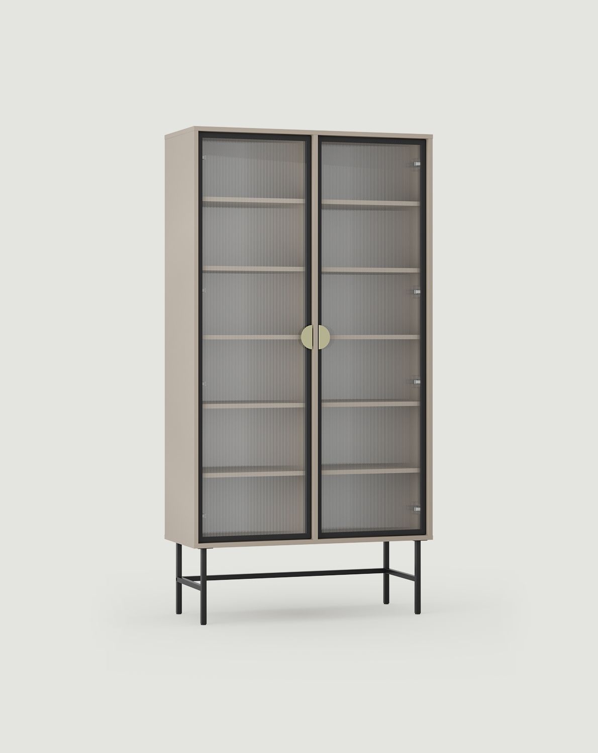 SIGI WS1 Vitrine
Farbe: Eschenweißer Lehm
Glas: Geriffeltes Ornamentglas
Bein: Schwarz
Griff: RIND-Griff Gold