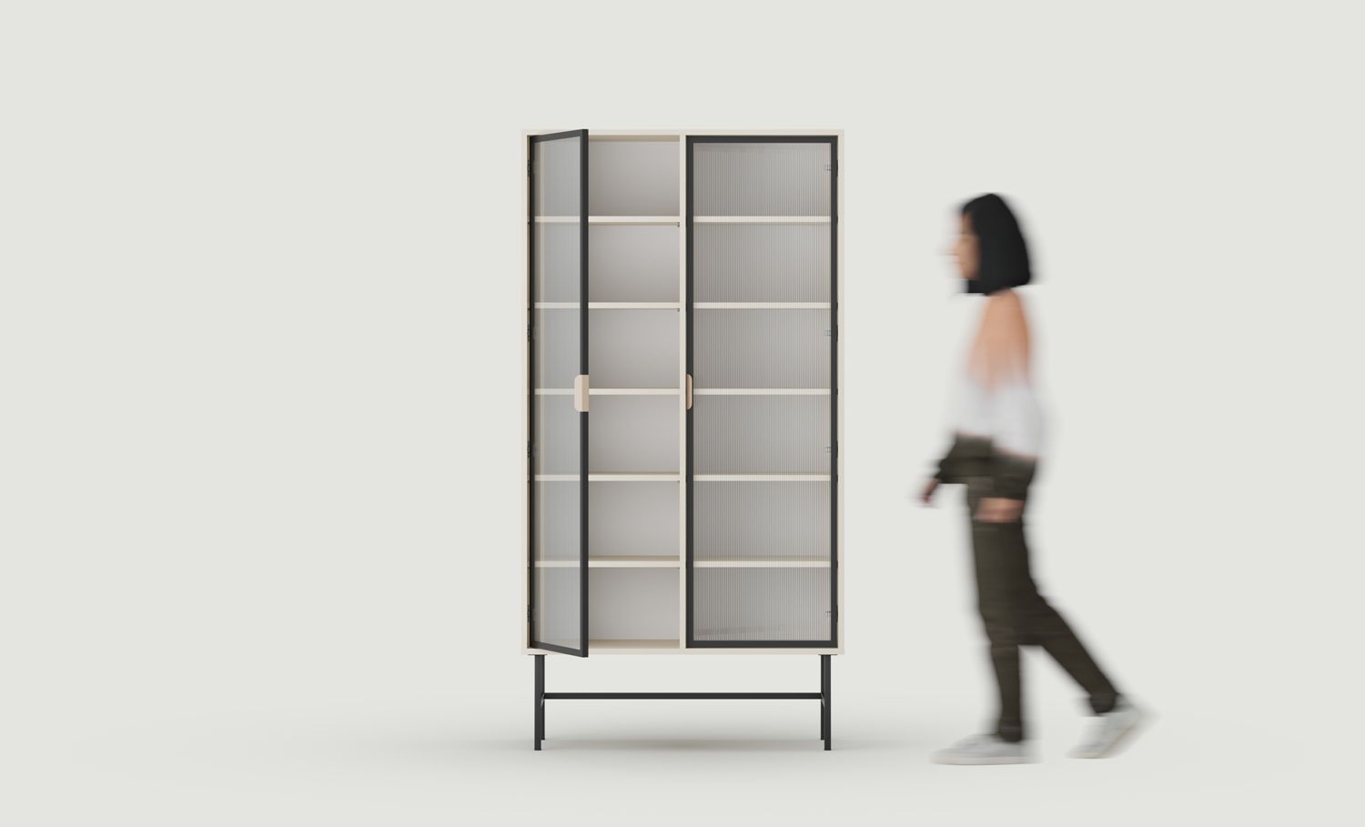 SIGI WS1 Vitrine
Farbe: Champagner Beige
Glas: Geriffeltes Ornamentglas
Bein: Schwarz
Griff: LAYERS 110 Cappuccino Griff