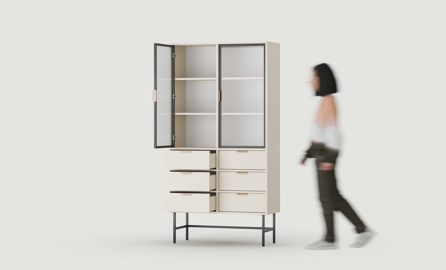 SIGI WS2 Vitrine
Farbe: Champagner Beige
Glas: Geriffeltes Ornamentglas
Bein: Schwarz
Griff: LAYERS 110 Cappuccino Griff