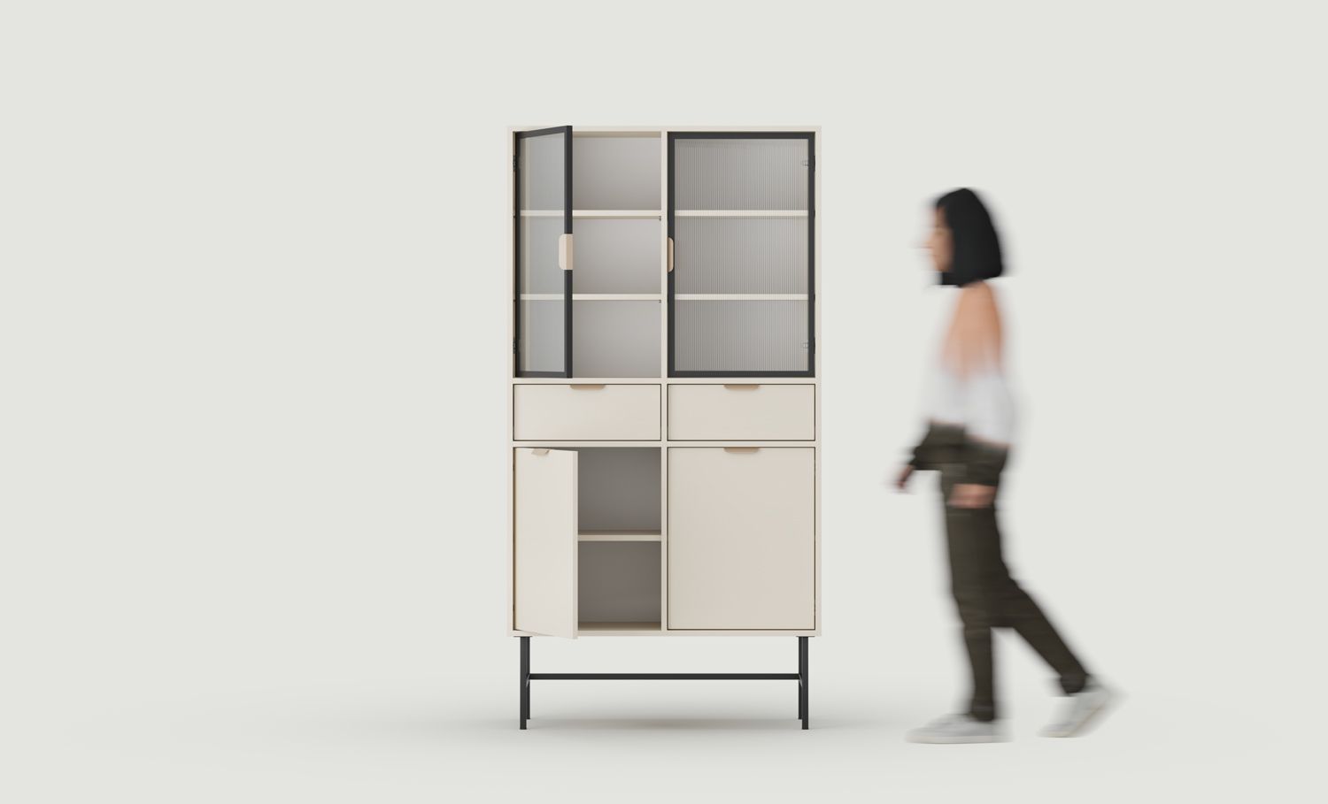 SIGI WS4 Vitrine
Farbe: Champagner Beige
Glas: Geriffeltes Ornamentglas
Bein: Schwarz
Griff: LAYERS 110 Cappuccino Griff