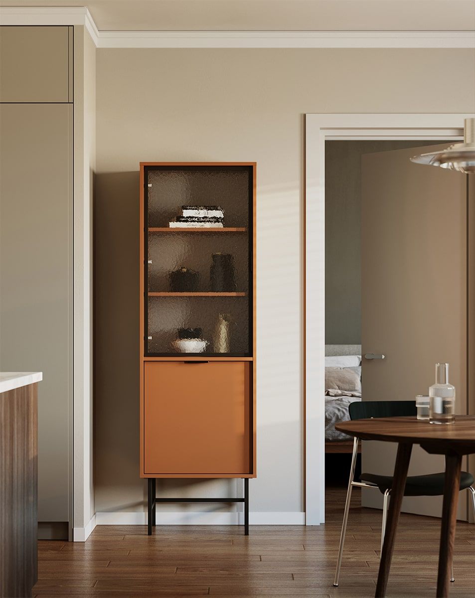 SIGI WSM3 Vitrine
Farbe: Sahara Deep
Glas: Flumen Ornamentglas
Bein: Schwarz
Griff: LING-Griff Schwarz
