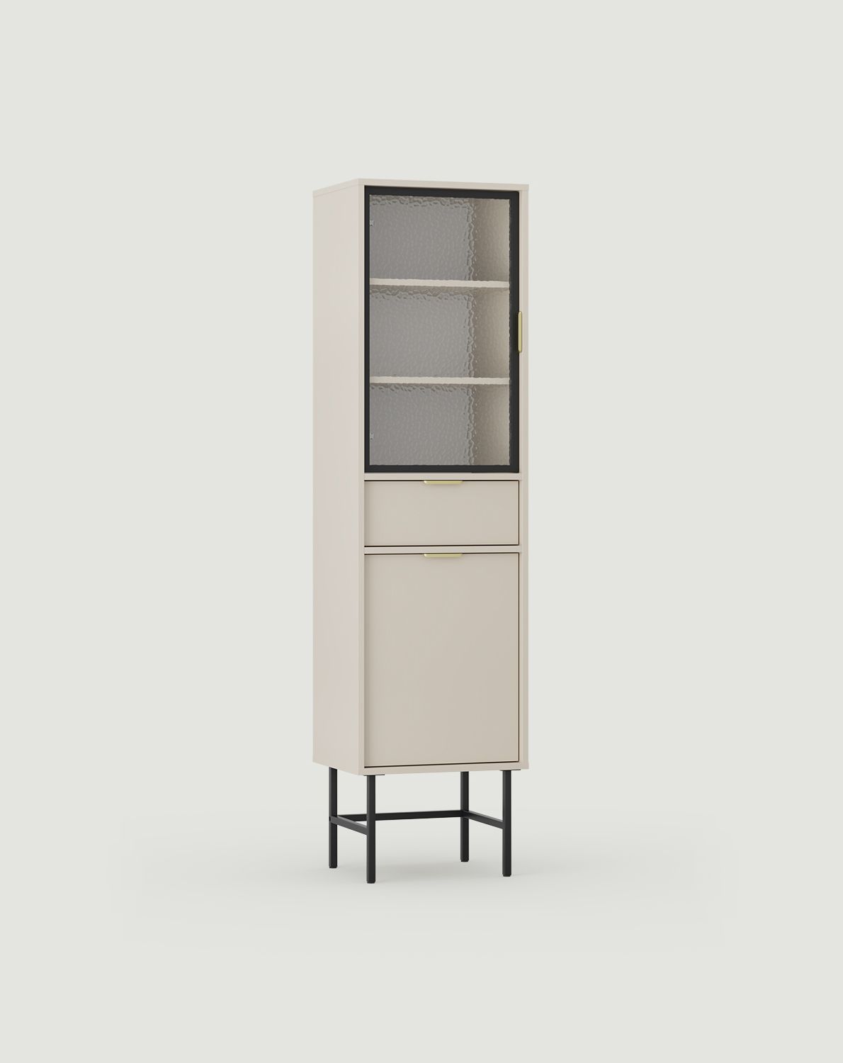 SIGI WSM4 Vitrine
Farbe: Wrapping Cashmere
Glas: Ornamental genopptes Glas
Bein: Schwarz
Griff: LING gold