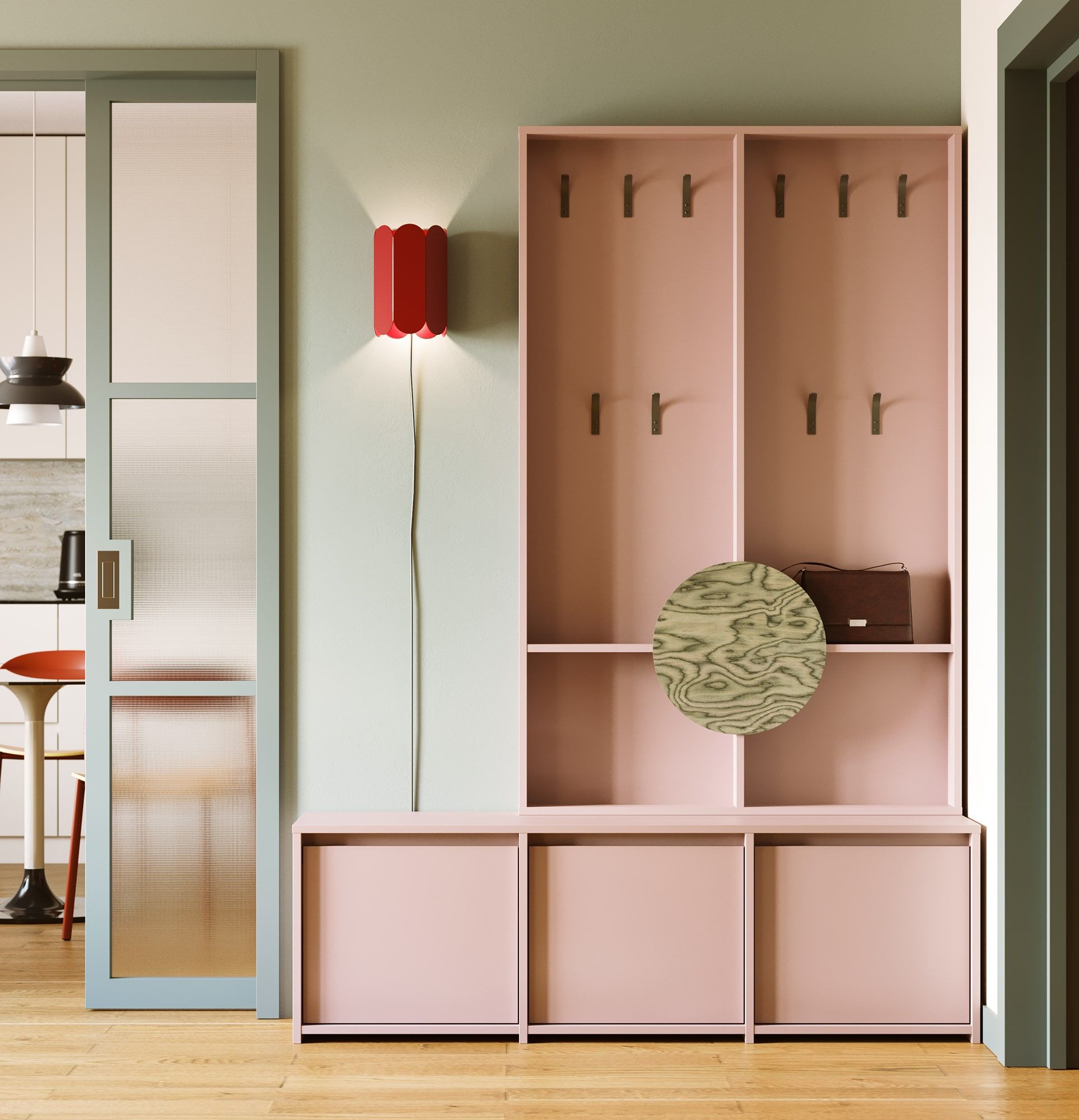 Schuhschrank-Set RA03 mit Kleiderbügel RA17 RAGNAR
Farbe: Antikes Rosa
Haken: Milky Way Stahlbogen
Zusätzliche Elemente: Kreiskappe Sottsass Grau Furnier